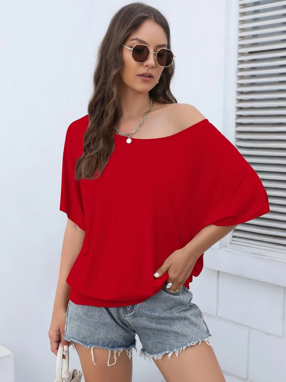 Lyrur Women's Short Sleeve Boat Neck Knit Loose Fit Tops 2025 Summer Basic Casual T Shirt Blouse with Banded Bottom