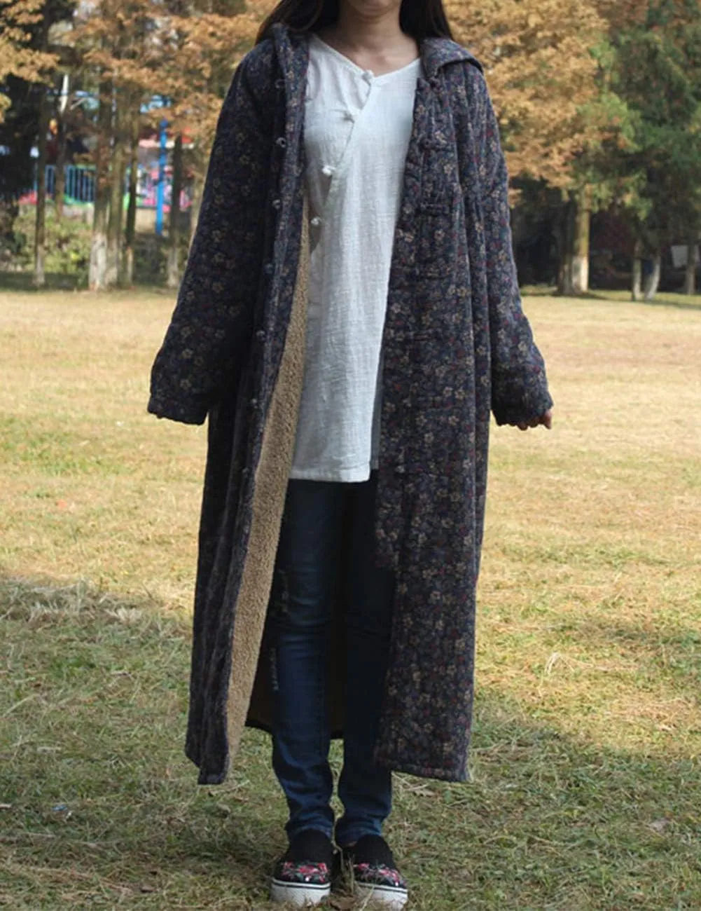 LZJN Women Winter Long Overcoat Floral Printed Trench Coat Windbreaker Vintage Chinese Fleece Lined Warm Hooded Jacket