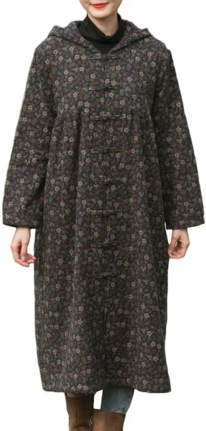 LZJN Women Winter Long Overcoat Floral Printed Trench Coat Windbreaker Vintage Chinese Fleece Lined Warm Hooded Jacket