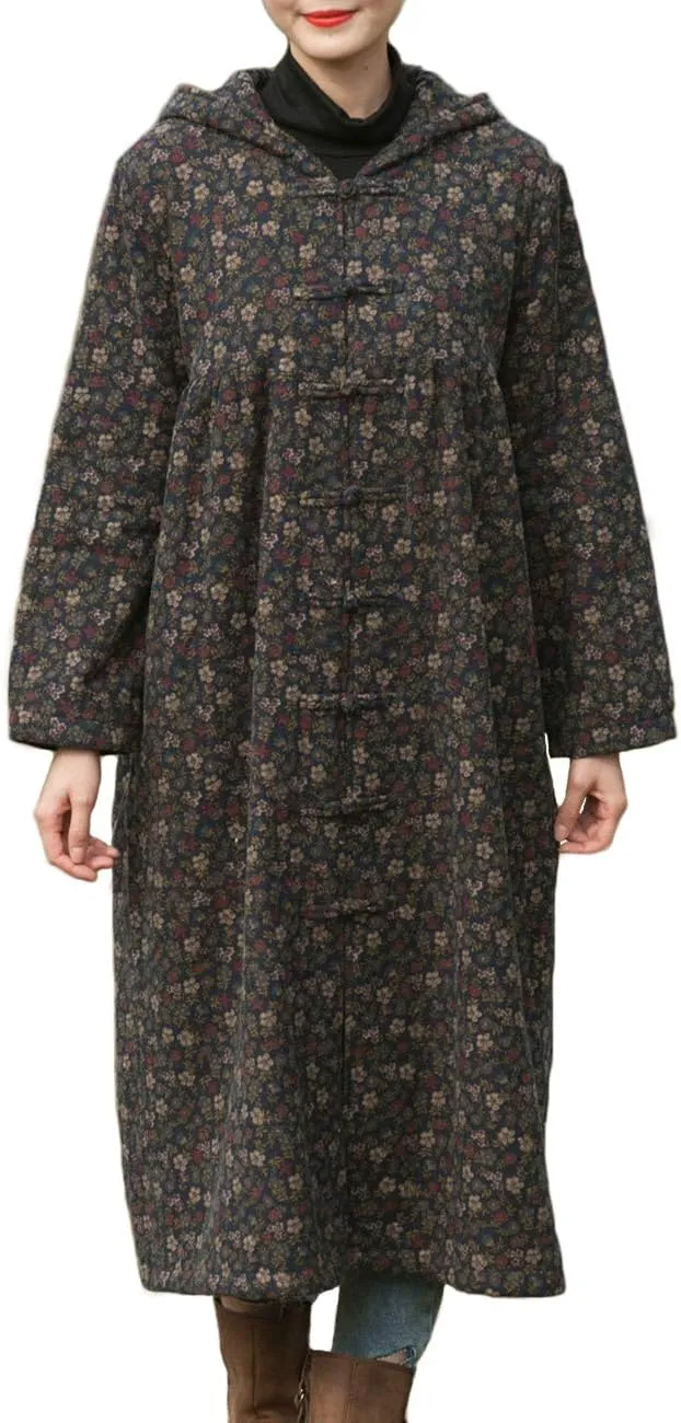 LZJN Women Winter Long Overcoat Floral Printed Trench Coat Windbreaker Vintage Chinese Fleece Lined Warm Hooded Jacket