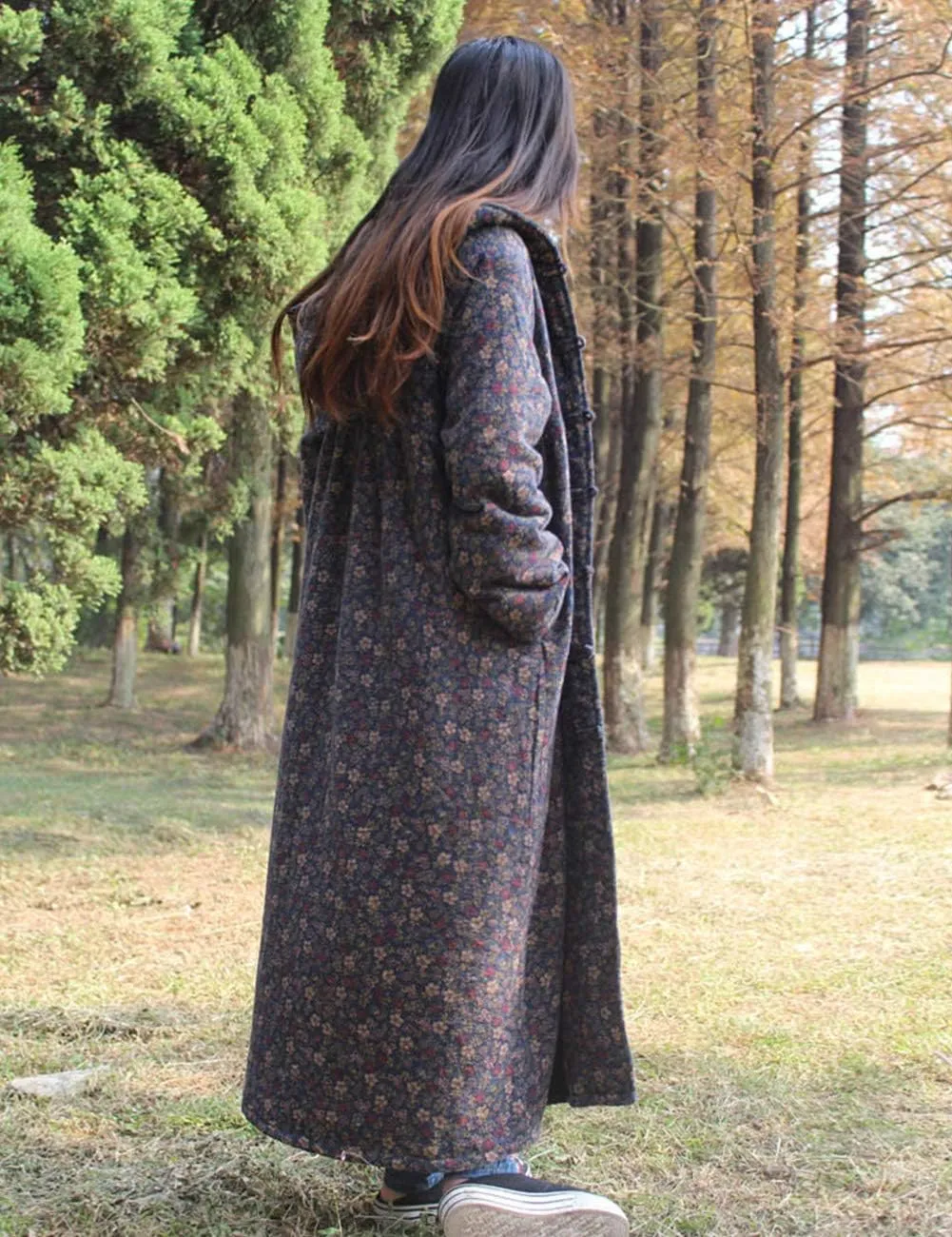 LZJN Women Winter Long Overcoat Floral Printed Trench Coat Windbreaker Vintage Chinese Fleece Lined Warm Hooded Jacket