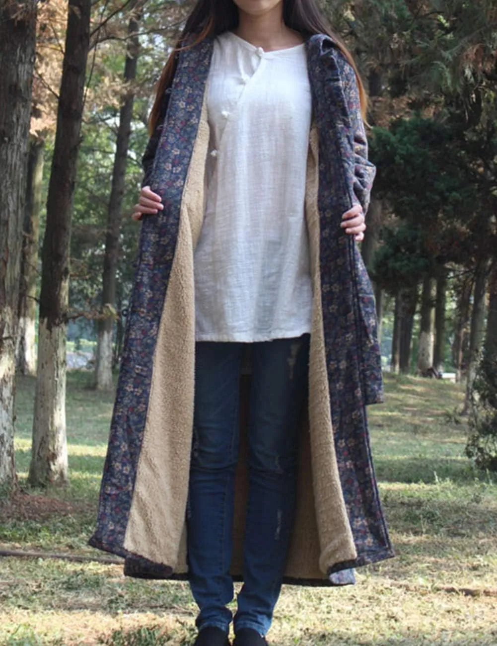 LZJN Women Winter Long Overcoat Floral Printed Trench Coat Windbreaker Vintage Chinese Fleece Lined Warm Hooded Jacket