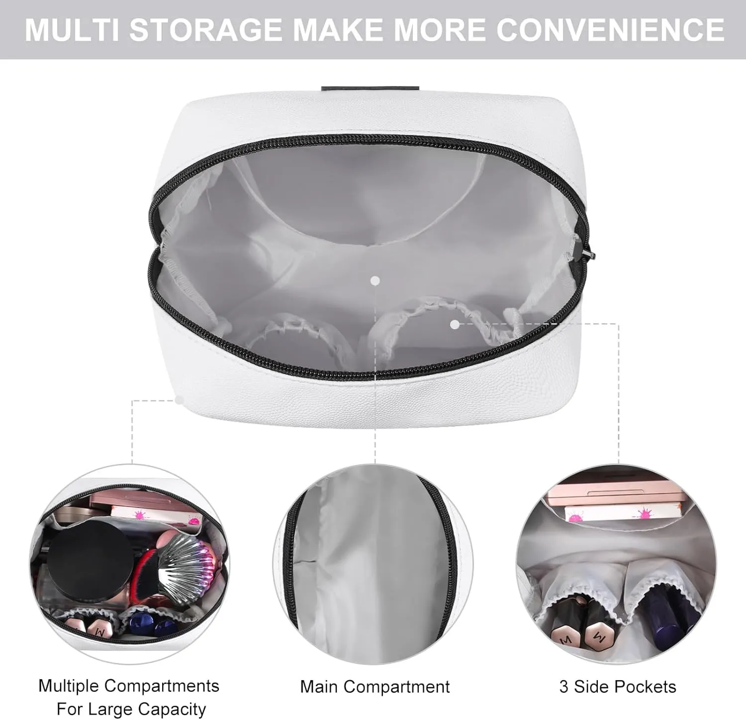MAANGE Small Makeup Bag, Travel Cosmetic Bag Make Up Bag for Purse Makeup Pouch PU Leather Portable Versatile Zipper Pouch For Women (White)