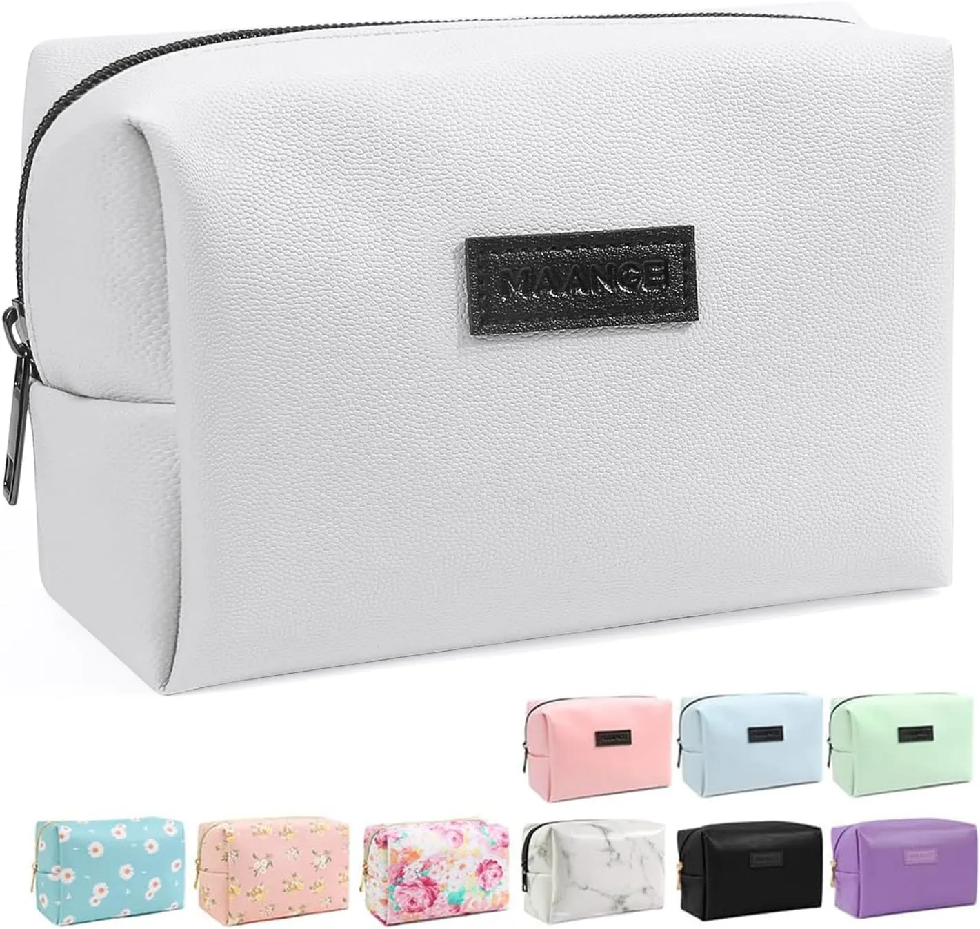 MAANGE Small Makeup Bag, Travel Cosmetic Bag Make Up Bag for Purse Makeup Pouch PU Leather Portable Versatile Zipper Pouch For Women (White)