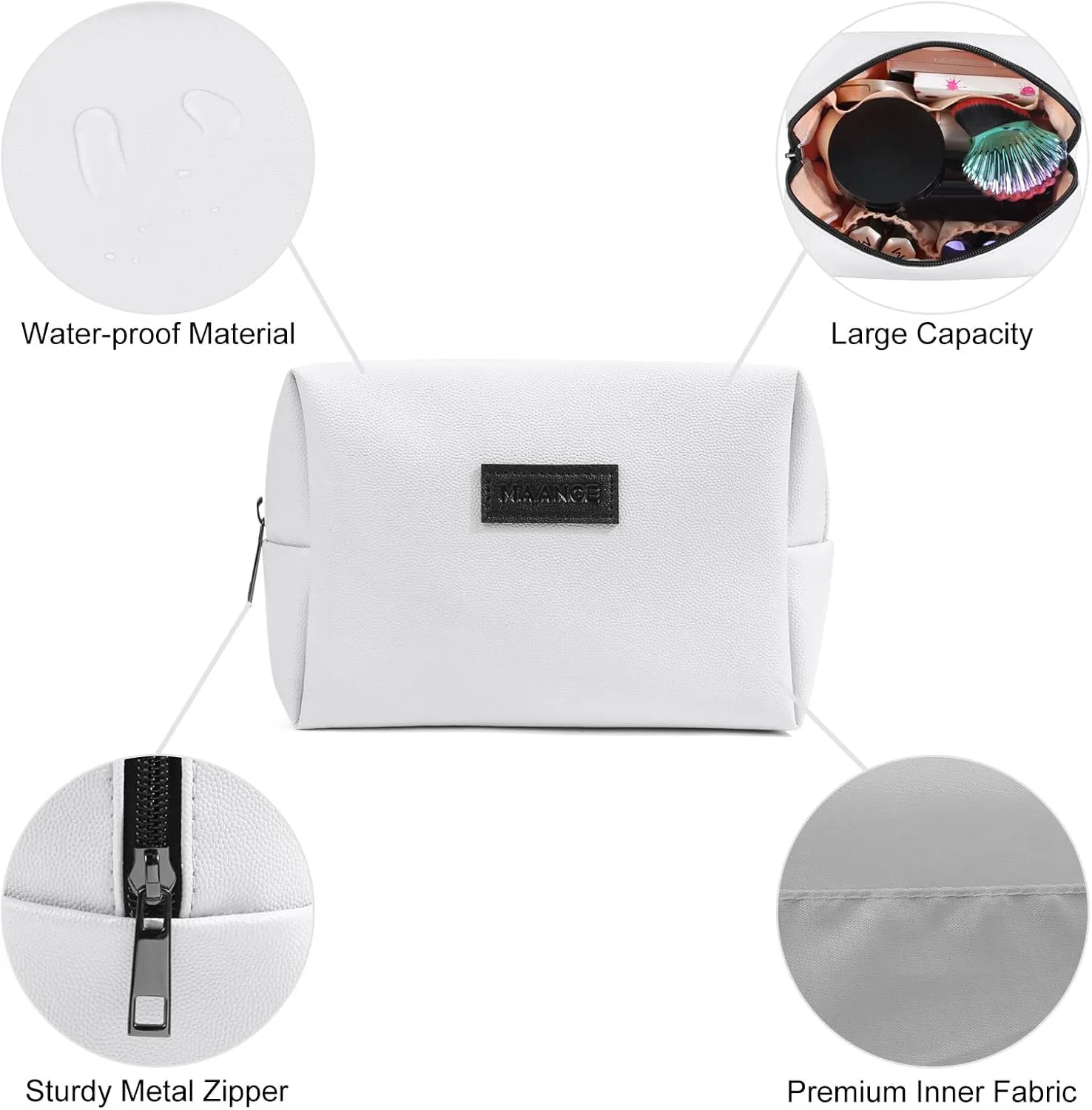 MAANGE Small Makeup Bag, Travel Cosmetic Bag Make Up Bag for Purse Makeup Pouch PU Leather Portable Versatile Zipper Pouch For Women (White)