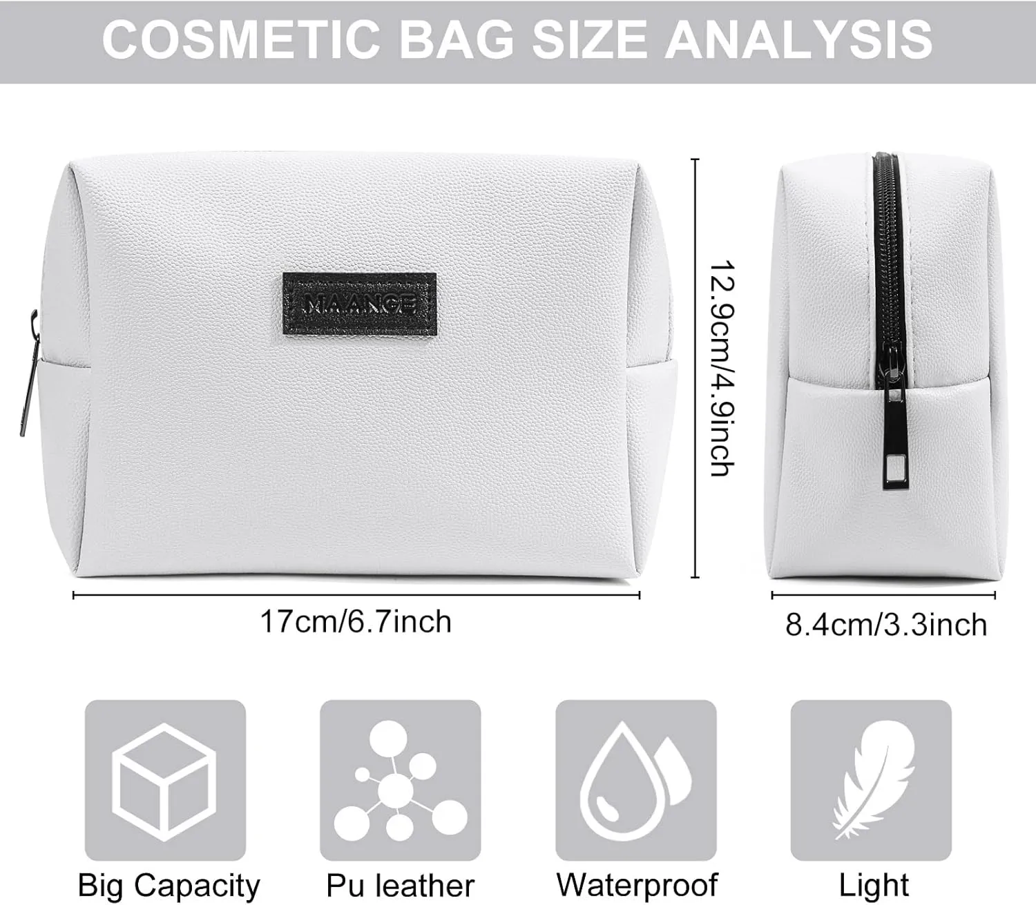 MAANGE Small Makeup Bag, Travel Cosmetic Bag Make Up Bag for Purse Makeup Pouch PU Leather Portable Versatile Zipper Pouch For Women (White)
