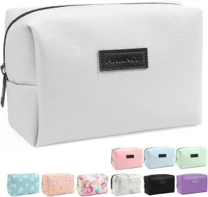 MAANGE Small Makeup Bag, Travel Cosmetic Bag Make Up Bag for Purse Makeup Pouch PU Leather Portable Versatile Zipper Pouch For Women (White)