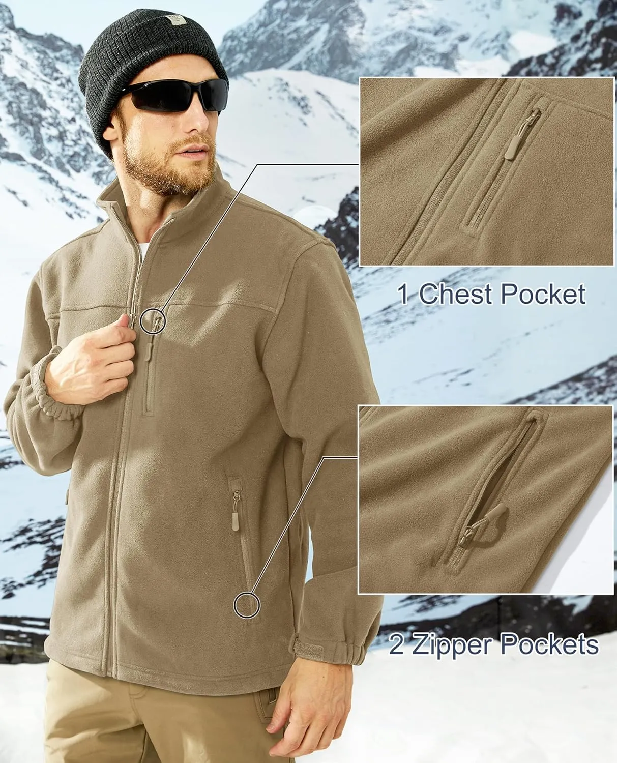MAGCOMSEN Men's Winter Zip Up Polar Fleece Jacket Athletic Tactical Hiking Outdoor Jackets with 3 Pockets