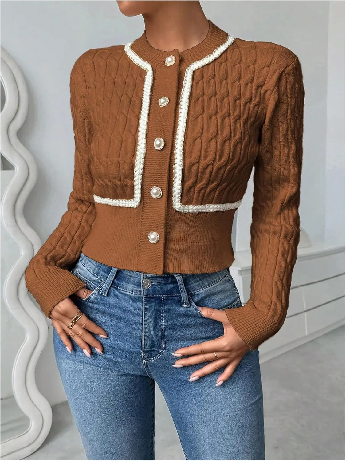MakeMeChic Women's Button Down Cropped Cardigan Beaded Slim Fit Cable Knit Sweaters Outwear