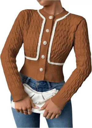 MakeMeChic Women's Button Down Cropped Cardigan Beaded Slim Fit Cable Knit Sweaters Outwear