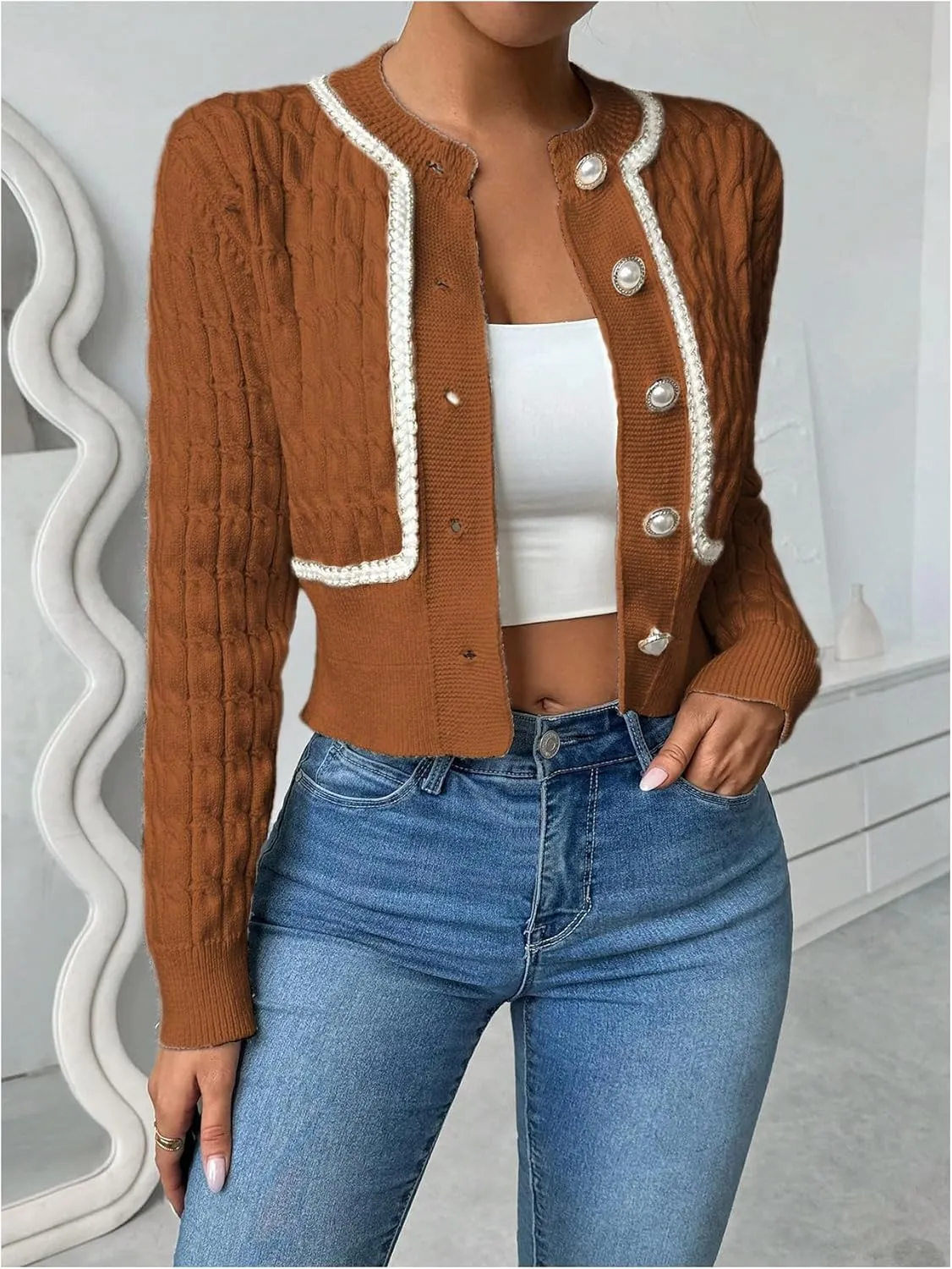 MakeMeChic Women's Button Down Cropped Cardigan Beaded Slim Fit Cable Knit Sweaters Outwear