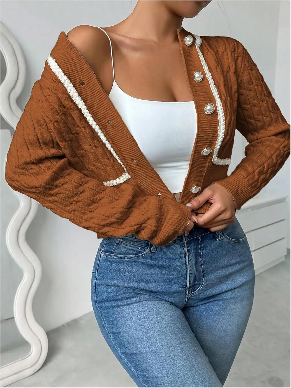 MakeMeChic Women's Button Down Cropped Cardigan Beaded Slim Fit Cable Knit Sweaters Outwear