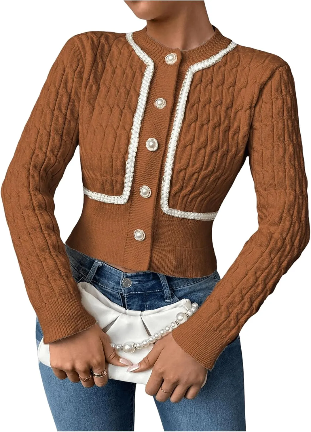 MakeMeChic Women's Button Down Cropped Cardigan Beaded Slim Fit Cable Knit Sweaters Outwear