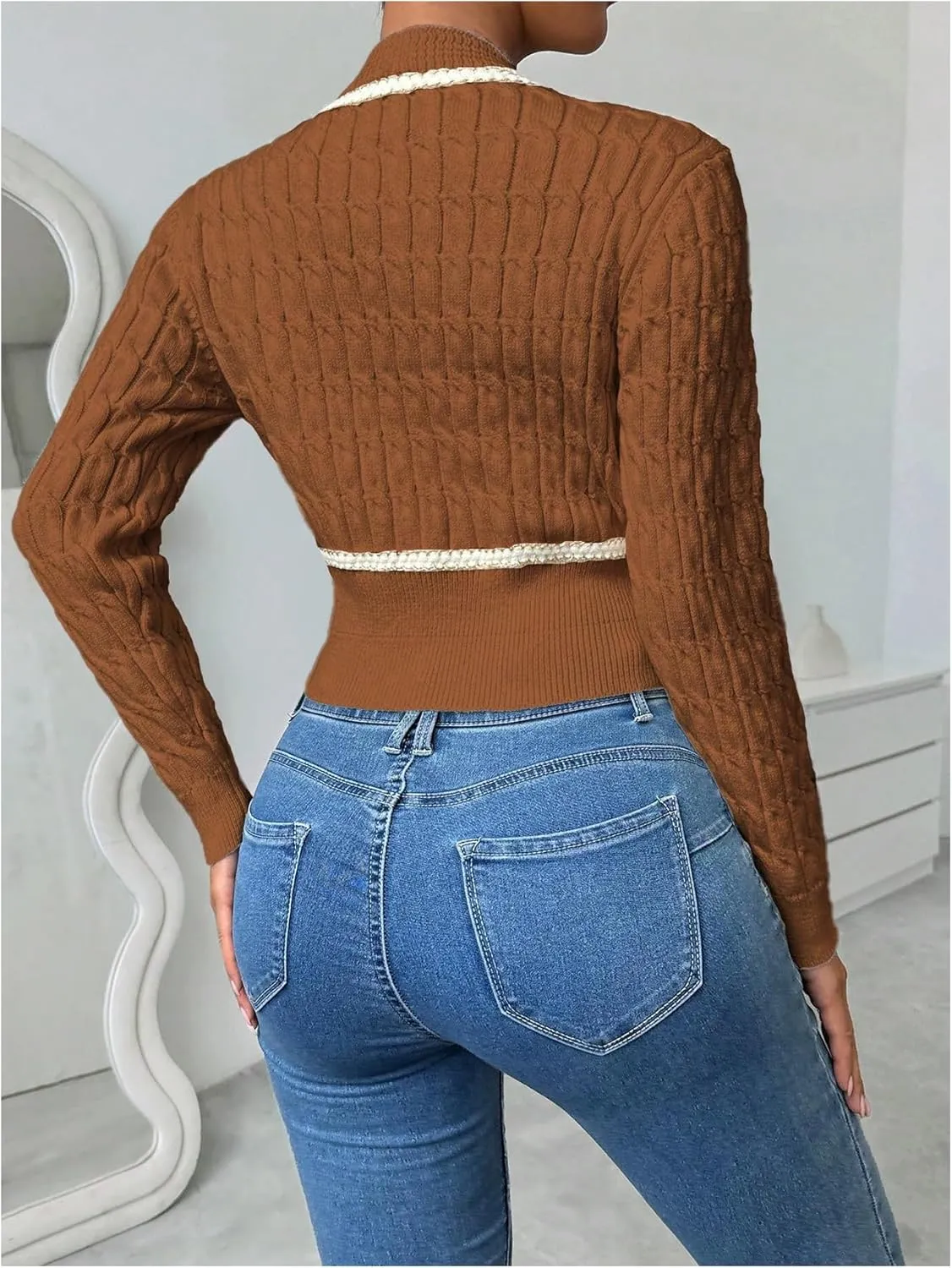 MakeMeChic Women's Button Down Cropped Cardigan Beaded Slim Fit Cable Knit Sweaters Outwear