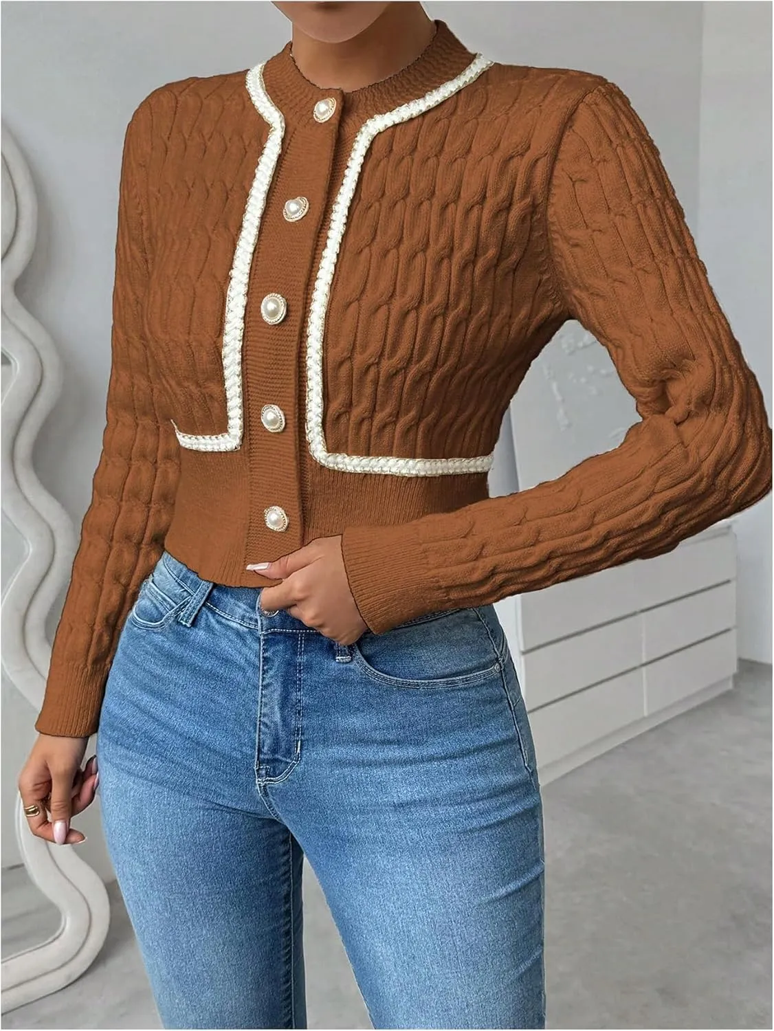 MakeMeChic Women's Button Down Cropped Cardigan Beaded Slim Fit Cable Knit Sweaters Outwear