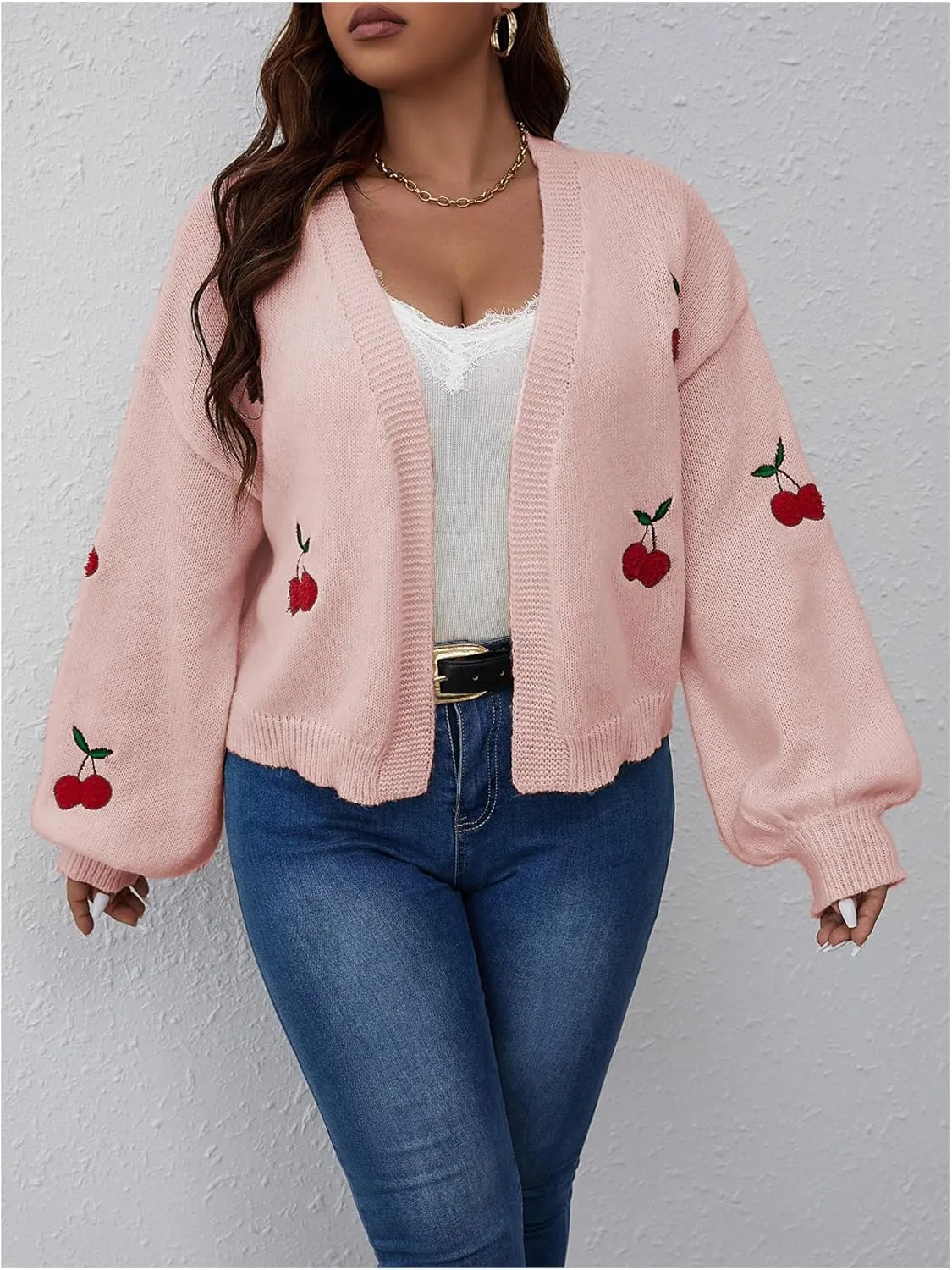 MakeMeChic Women's Plus Size Embroidery Cardigan Open Front Lantern Sleeve Cardigan Sweater Drop Shoulder Crop Cute Outerwear