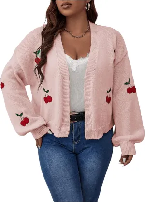 MakeMeChic Women's Plus Size Embroidery Cardigan Open Front Lantern Sleeve Cardigan Sweater Drop Shoulder Crop Cute Outerwear