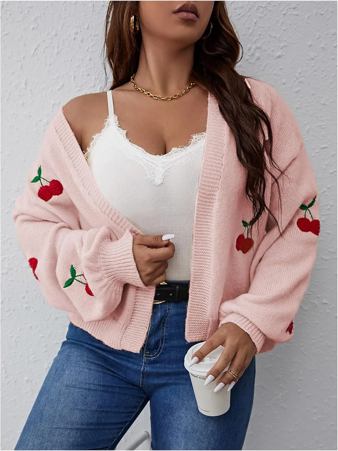 MakeMeChic Women's Plus Size Embroidery Cardigan Open Front Lantern Sleeve Cardigan Sweater Drop Shoulder Crop Cute Outerwear