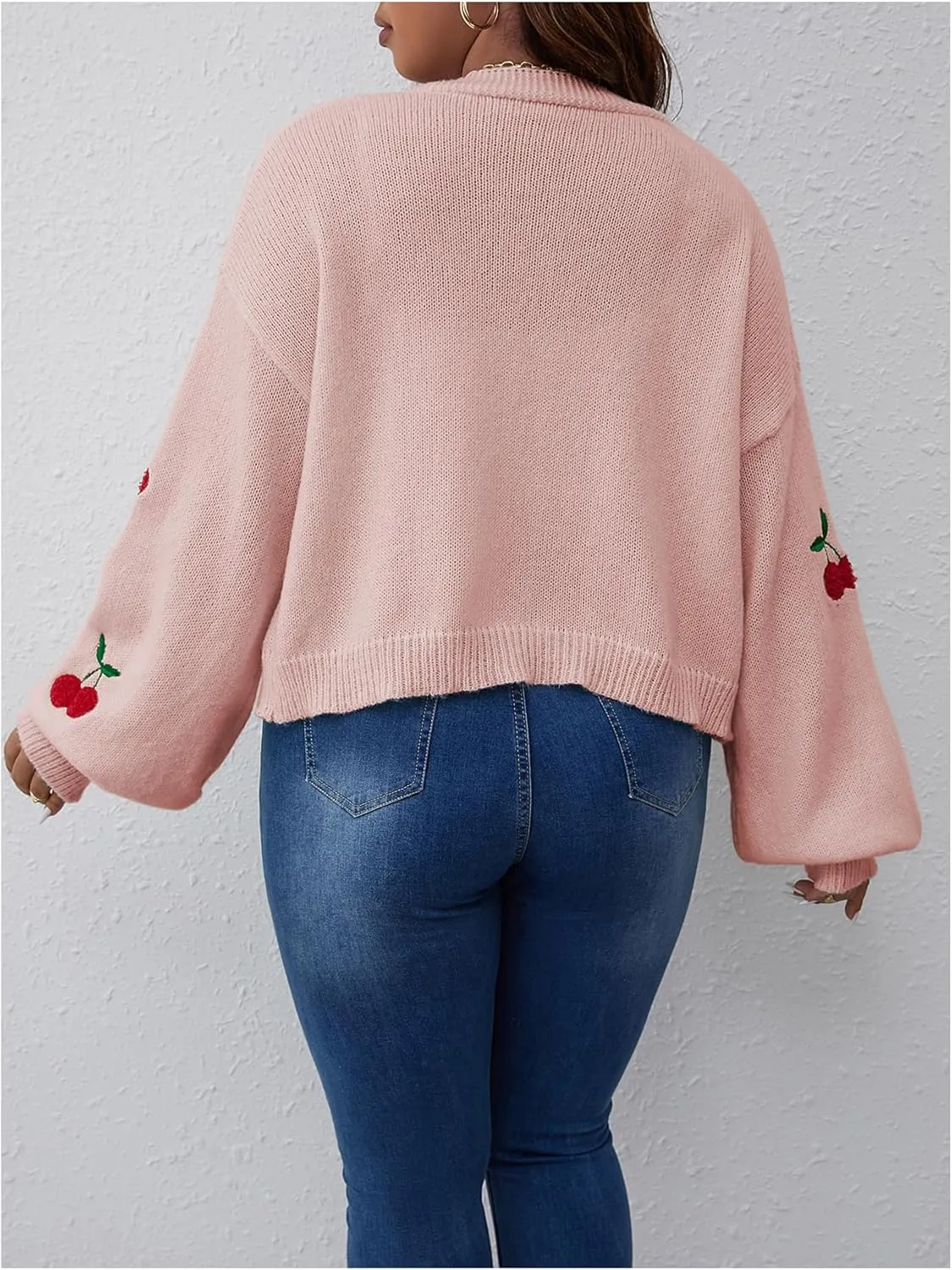 MakeMeChic Women's Plus Size Embroidery Cardigan Open Front Lantern Sleeve Cardigan Sweater Drop Shoulder Crop Cute Outerwear