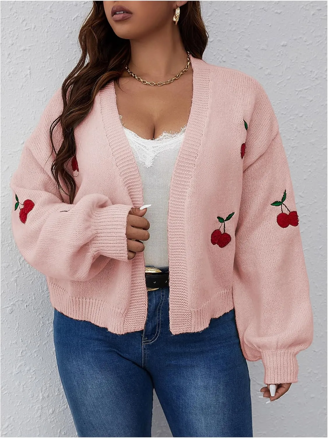 MakeMeChic Women's Plus Size Embroidery Cardigan Open Front Lantern Sleeve Cardigan Sweater Drop Shoulder Crop Cute Outerwear