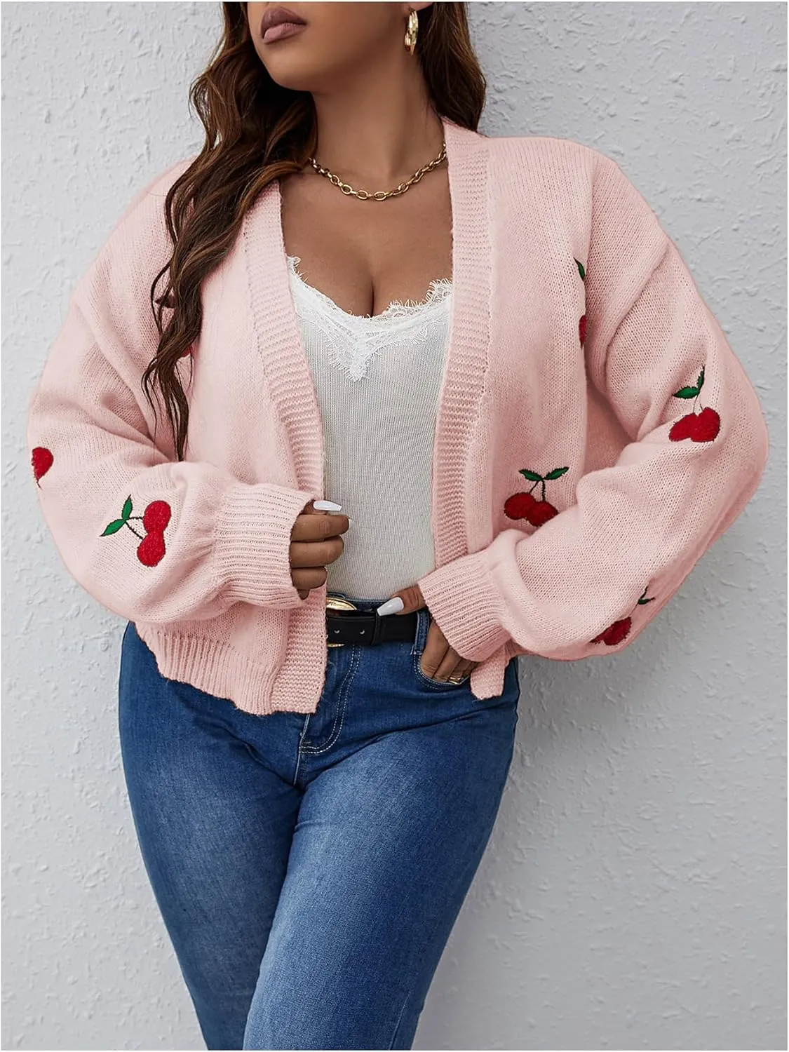 MakeMeChic Women's Plus Size Embroidery Cardigan Open Front Lantern Sleeve Cardigan Sweater Drop Shoulder Crop Cute Outerwear