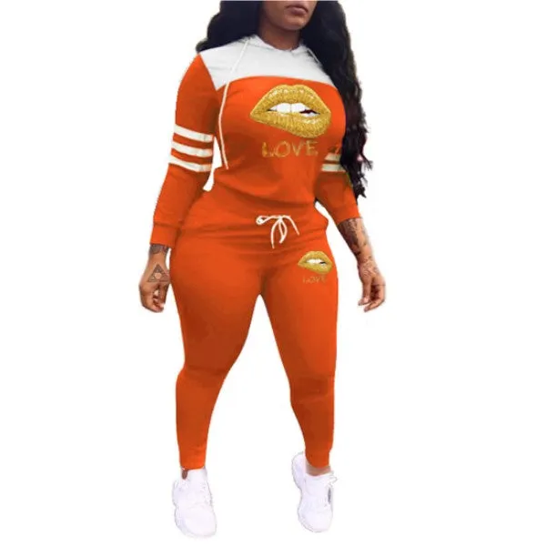 MB FASHION  Hooded Graphic Jogger Set with Striped Sleeves and Pockets 12420R