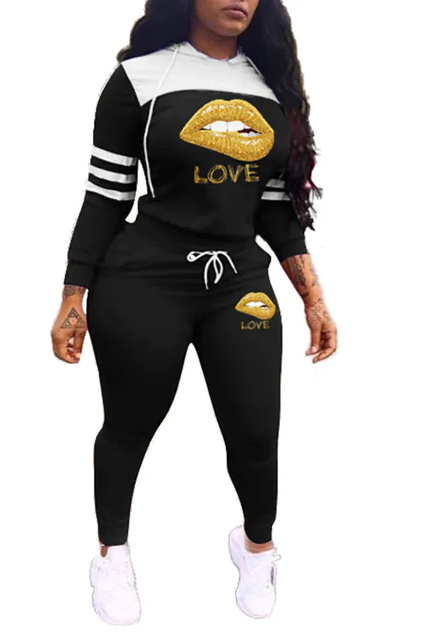 MB FASHION  Hooded Graphic Jogger Set with Striped Sleeves and Pockets 12420R