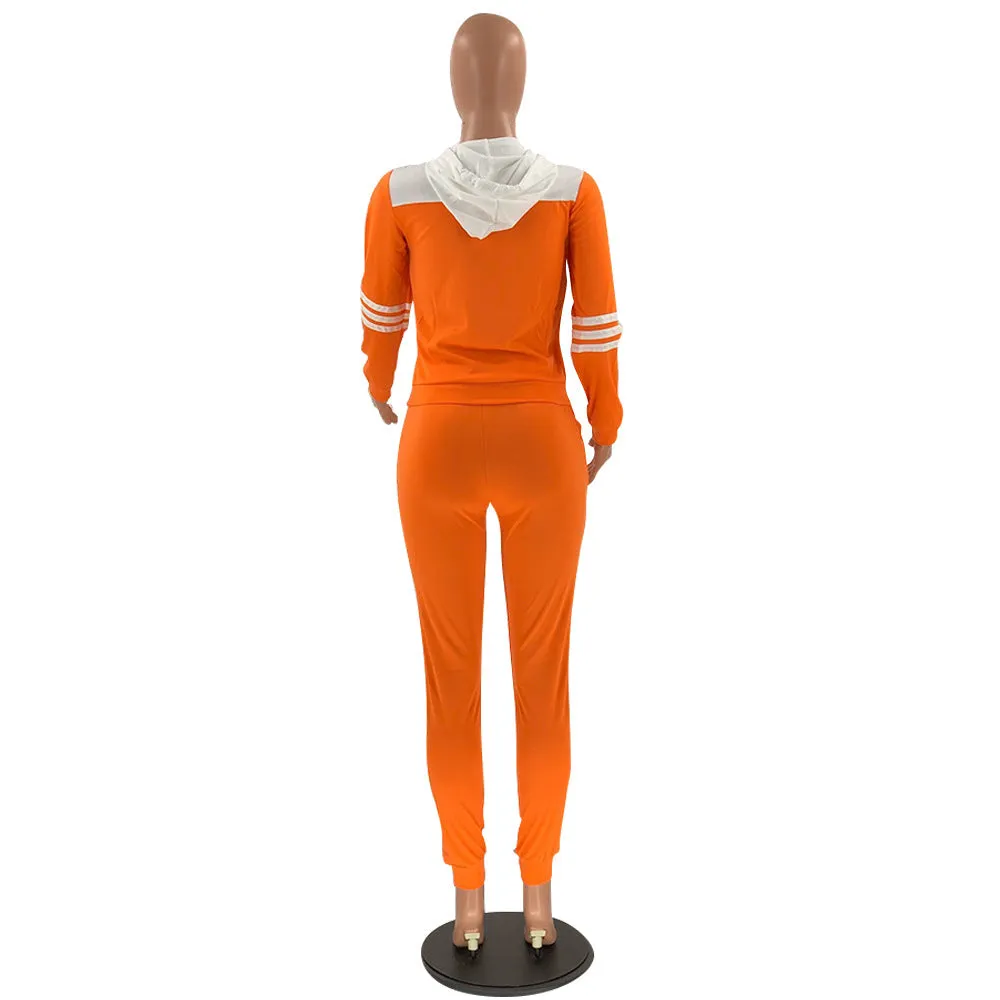 MB FASHION  Hooded Graphic Jogger Set with Striped Sleeves and Pockets 12420R
