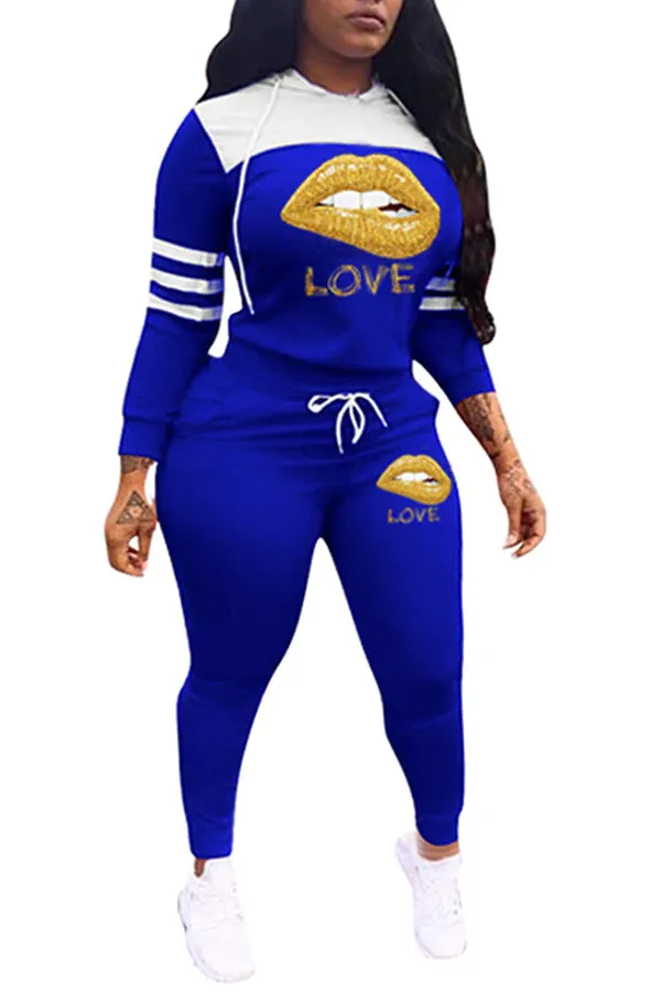 MB FASHION  Hooded Graphic Jogger Set with Striped Sleeves and Pockets 12420R