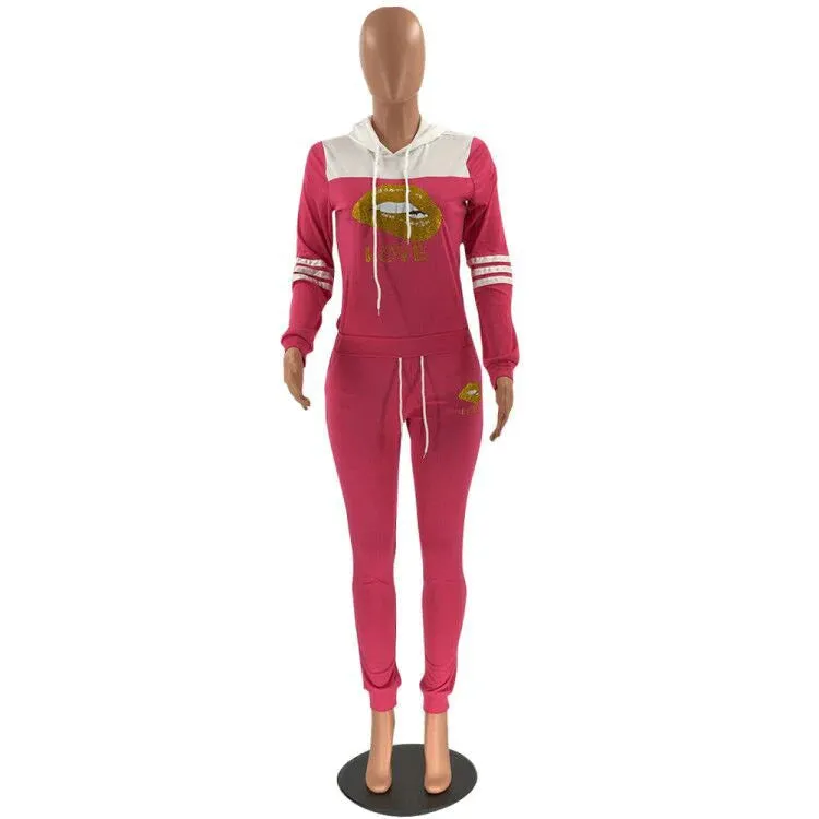 MB FASHION  Hooded Graphic Jogger Set with Striped Sleeves and Pockets 12420R