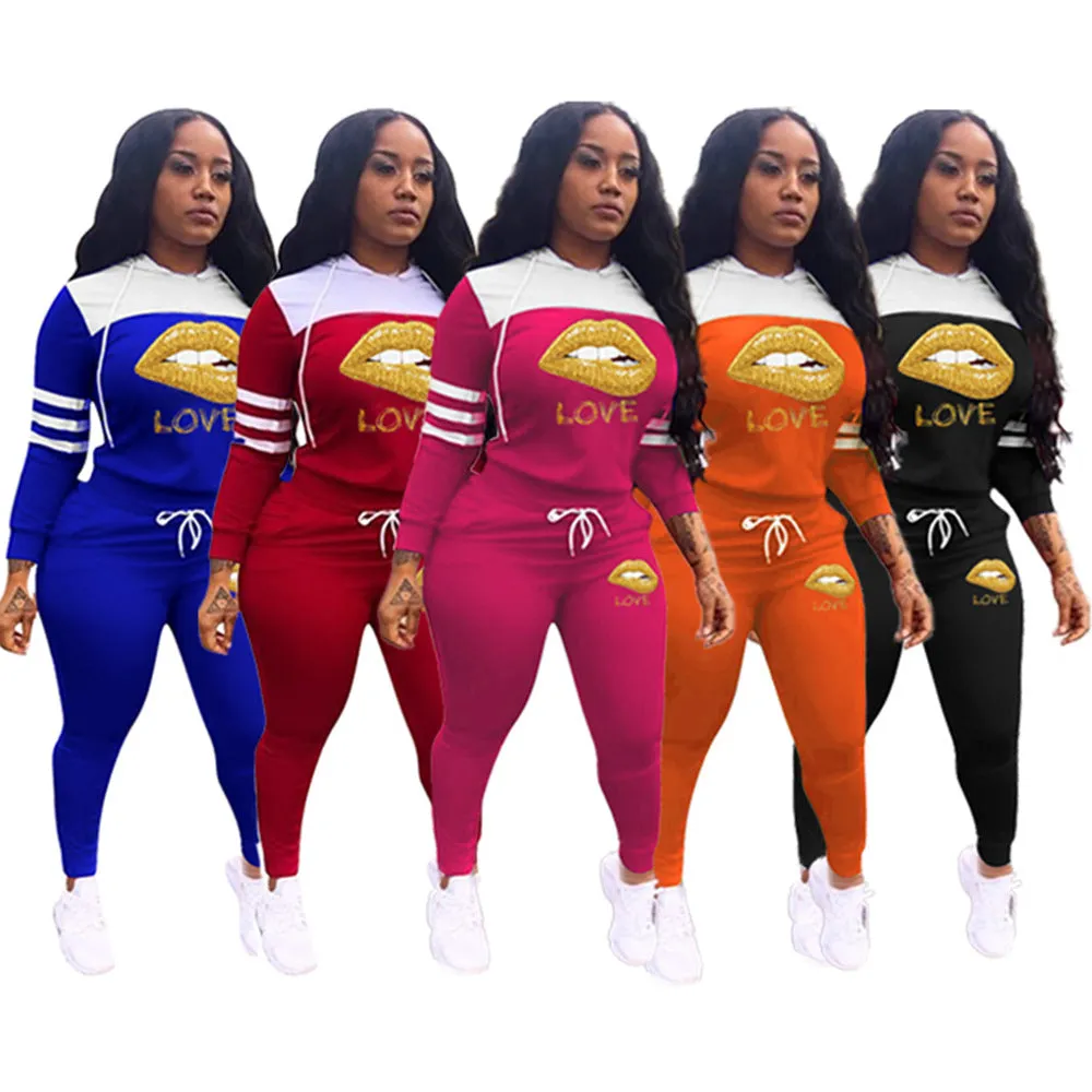 MB FASHION  Hooded Graphic Jogger Set with Striped Sleeves and Pockets 12420R