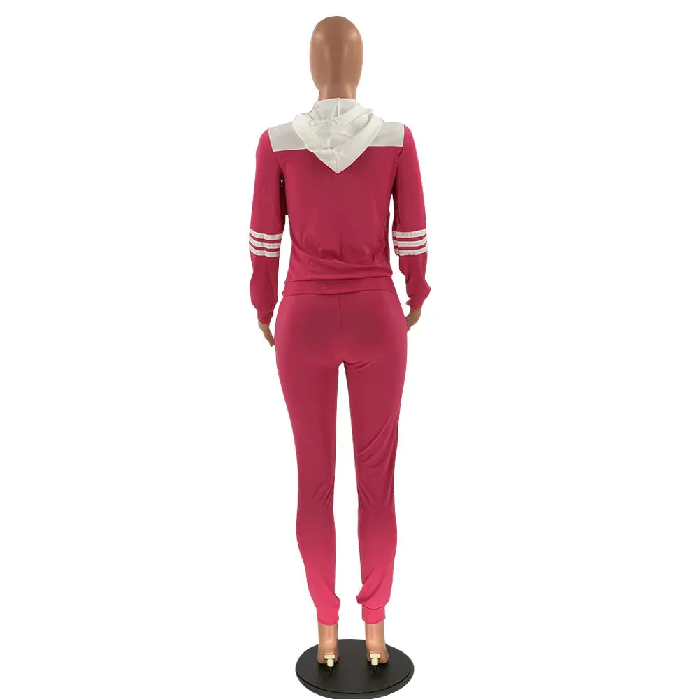 MB FASHION  Hooded Graphic Jogger Set with Striped Sleeves and Pockets 12420R