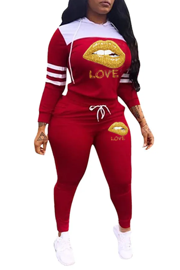 MB FASHION  Hooded Graphic Jogger Set with Striped Sleeves and Pockets 12420R