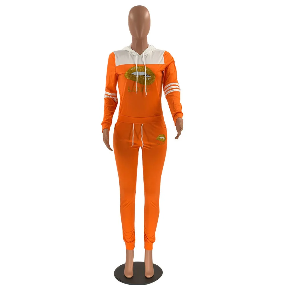 MB FASHION  Hooded Graphic Jogger Set with Striped Sleeves and Pockets 12420R