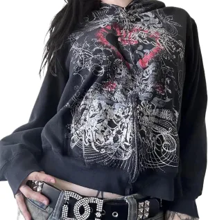 Meiweileya Y2k Womens Zip Up Fairy Grunge Oversized Hoodies Long Sleeve Aesthetic Skeleton Graphic Streetwear Jackets