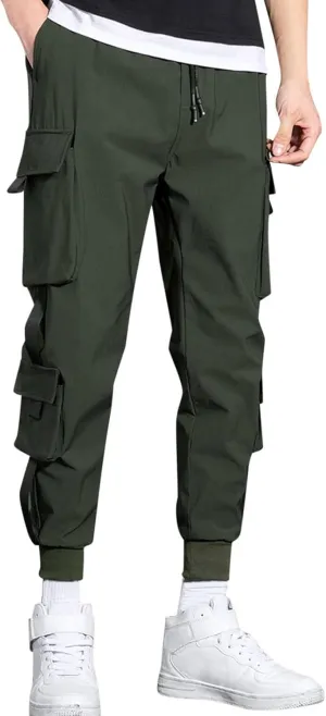 Men Casual Cargo Pants Street Tapered Cotton Run Elastic Waist Multipocket Quick-Dry Drawstring Fitness Work Pant
