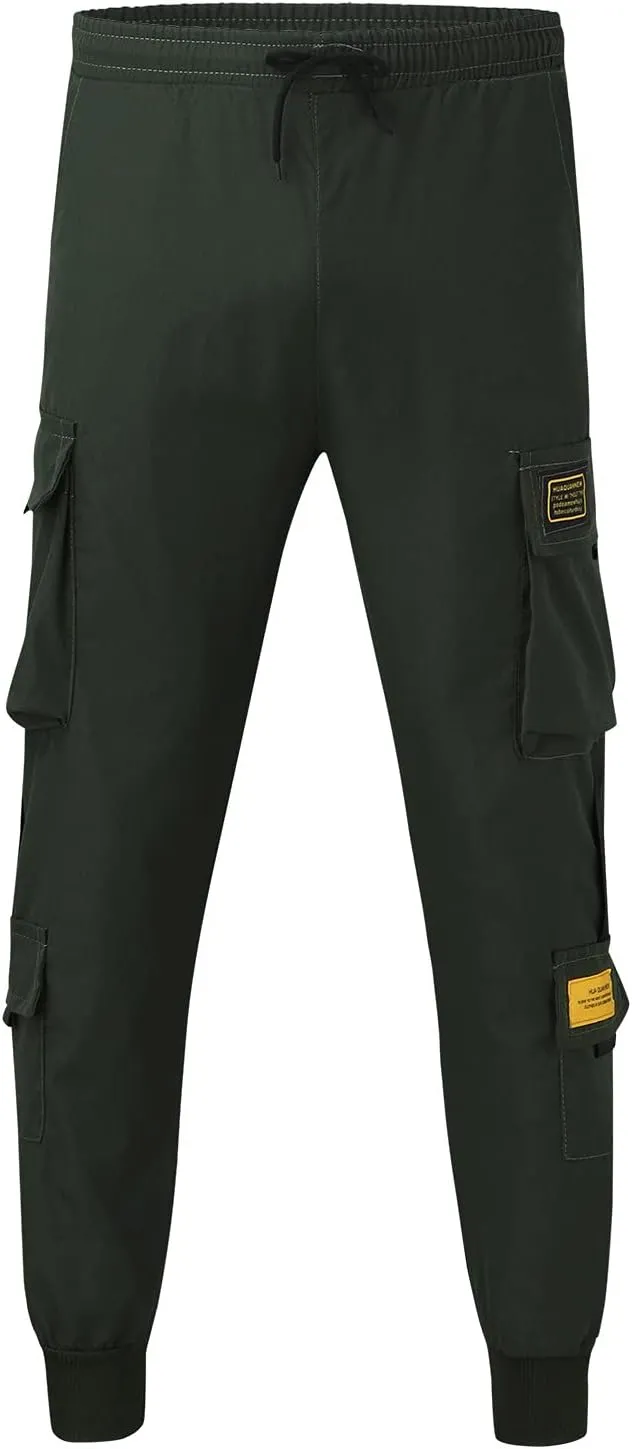 Men Casual Cargo Pants Street Tapered Cotton Run Elastic Waist Multipocket Quick-Dry Drawstring Fitness Work Pant