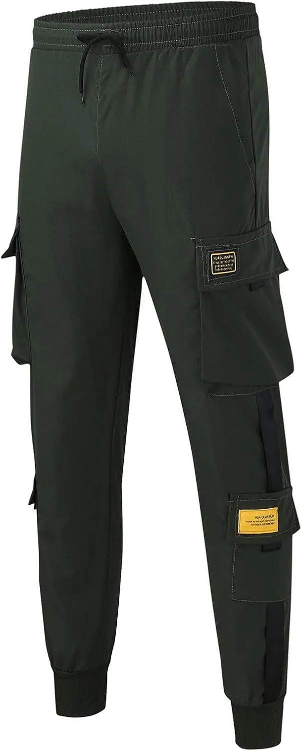 Men Casual Cargo Pants Street Tapered Cotton Run Elastic Waist Multipocket Quick-Dry Drawstring Fitness Work Pant
