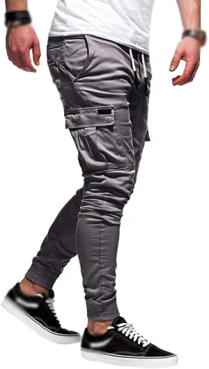 Men Joggers Chino Pants Drawstring Sports Athletic Workout Fitness Track Cargo Tapered Jogging Trousers
