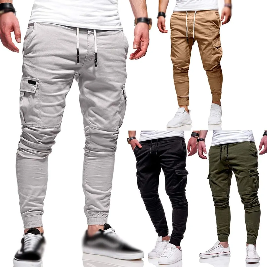 Men Joggers Chino Pants Drawstring Sports Athletic Workout Fitness Track Cargo Tapered Jogging Trousers