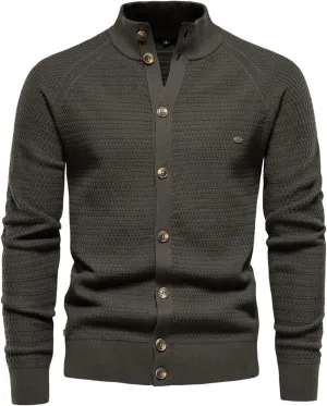 Men Sweater Cardigan,Casual Stand Collar Button Down Cable Knitted Sweater Slim Long Sleeve Basic Knitwear