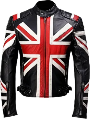 Men Union Jack Casual Motorcycle Zipper Coat Leather Jacket With UK Flag Genuine Leather Jackets, Small