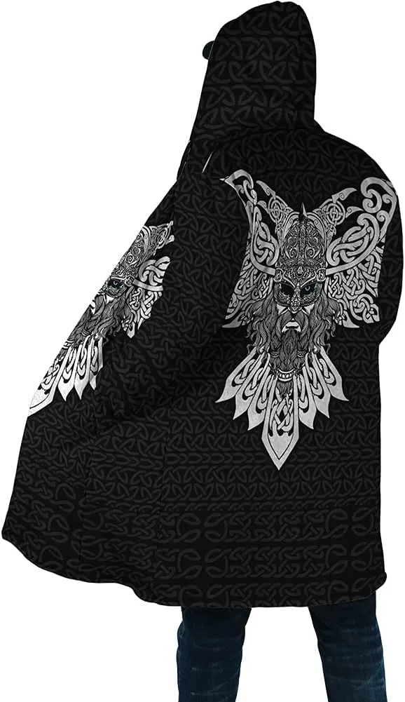 Men Viking Mid-Length Hooded Coat, 3D Printed Nordic Mythology Tattoo Autumn Winter Warmth Cosplay Cloak Jacket