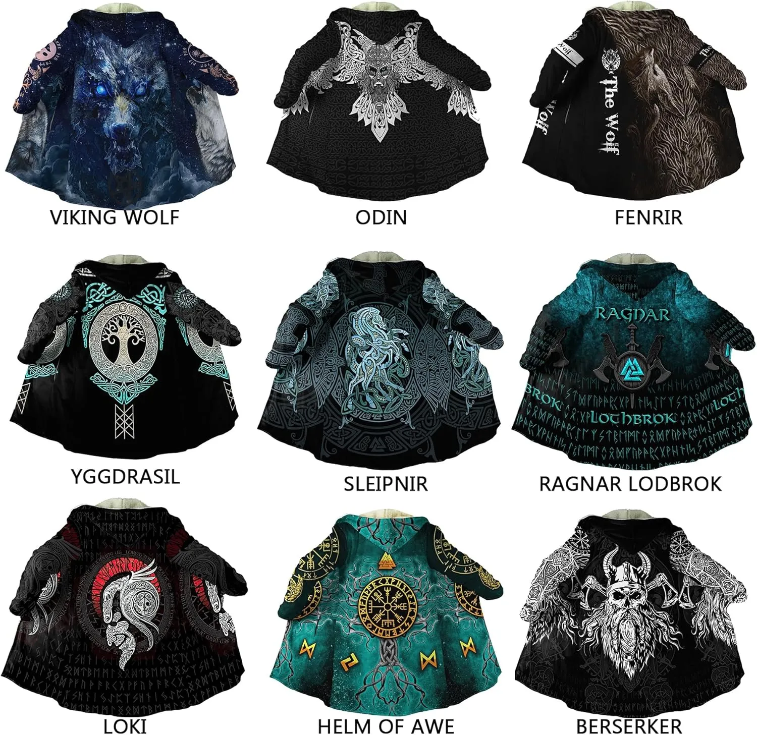 Men Viking Mid-Length Hooded Coat, 3D Printed Nordic Mythology Tattoo Autumn Winter Warmth Cosplay Cloak Jacket