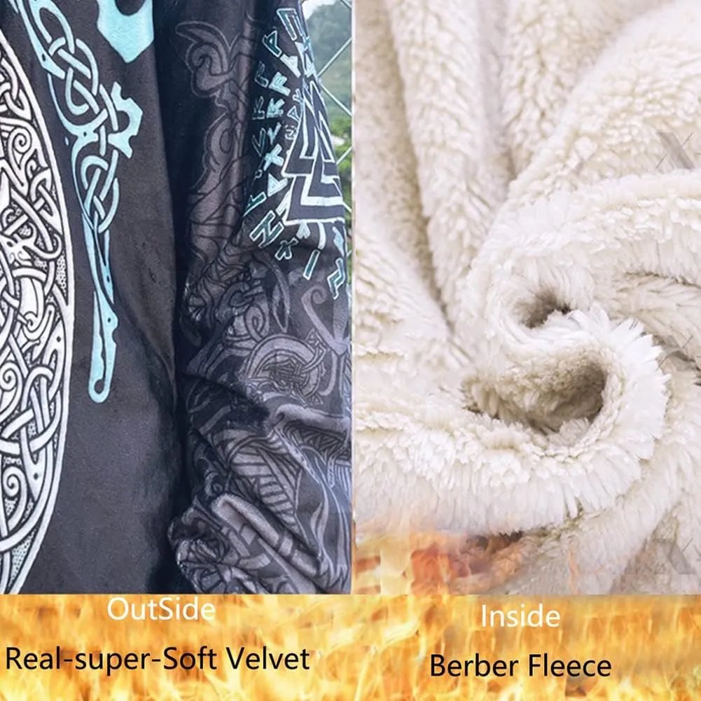 Men Viking Mid-Length Hooded Coat, 3D Printed Nordic Mythology Tattoo Autumn Winter Warmth Cosplay Cloak Jacket