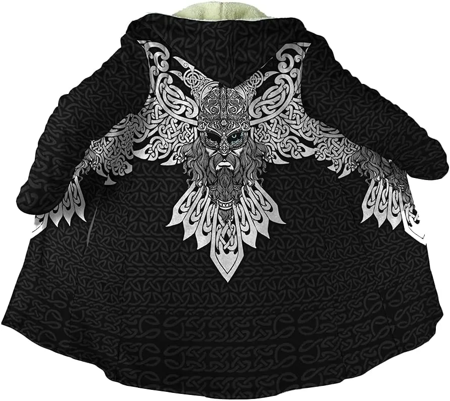 Men Viking Mid-Length Hooded Coat, 3D Printed Nordic Mythology Tattoo Autumn Winter Warmth Cosplay Cloak Jacket