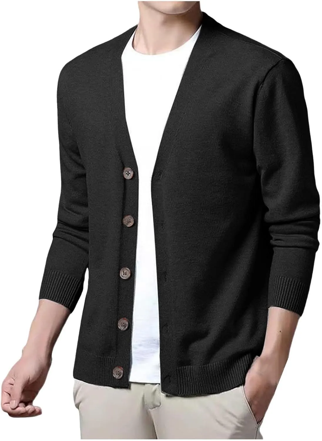 Men's Cardigan Sweater Cable Knitted Shawl Collar Cashmere Sweater for Men V Neck Long-Sleeve Button Slim Fit Sweater