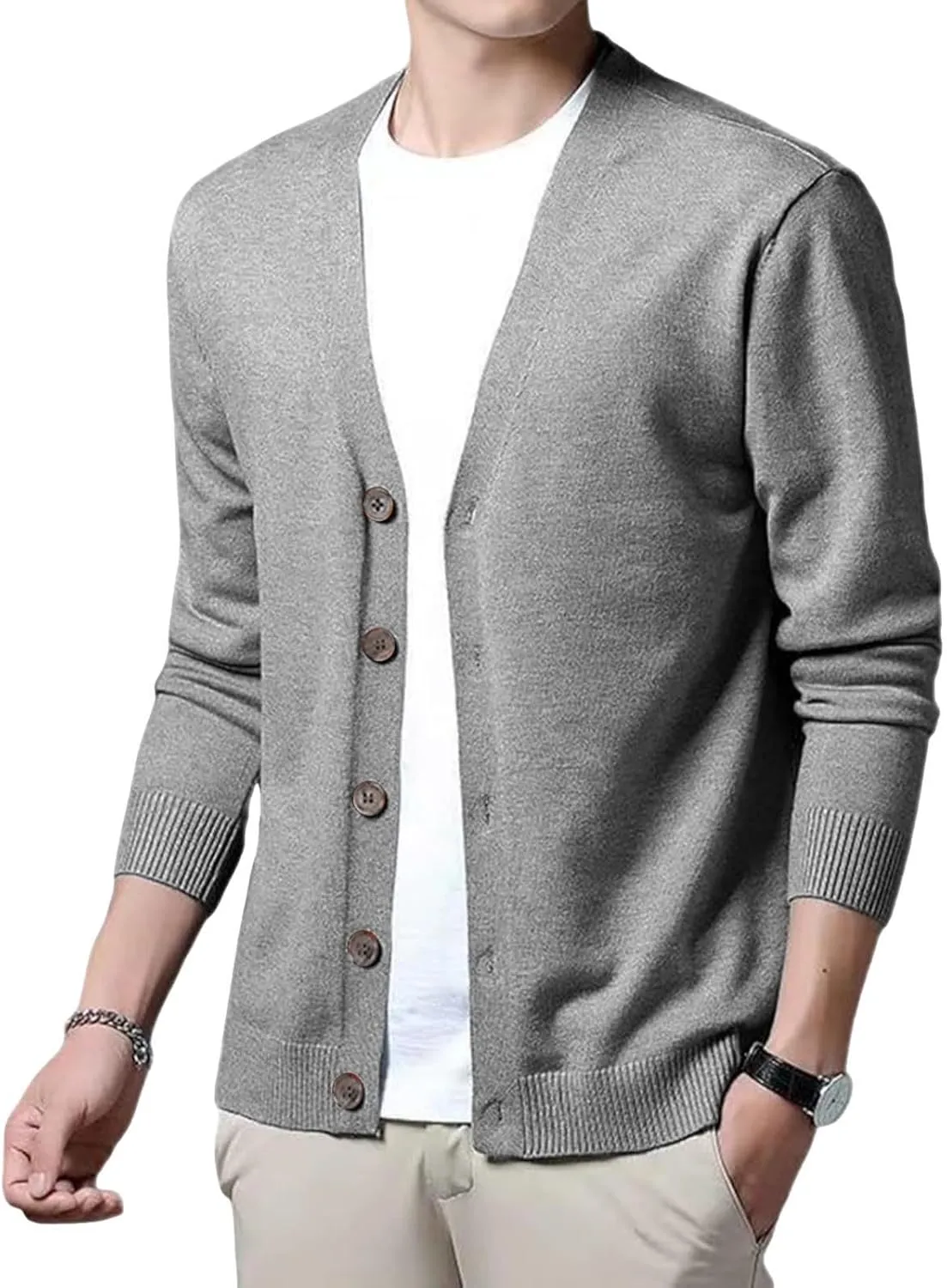 Men's Cardigan Sweater Cable Knitted Shawl Collar Cashmere Sweater for Men V Neck Long-Sleeve Button Slim Fit Sweater