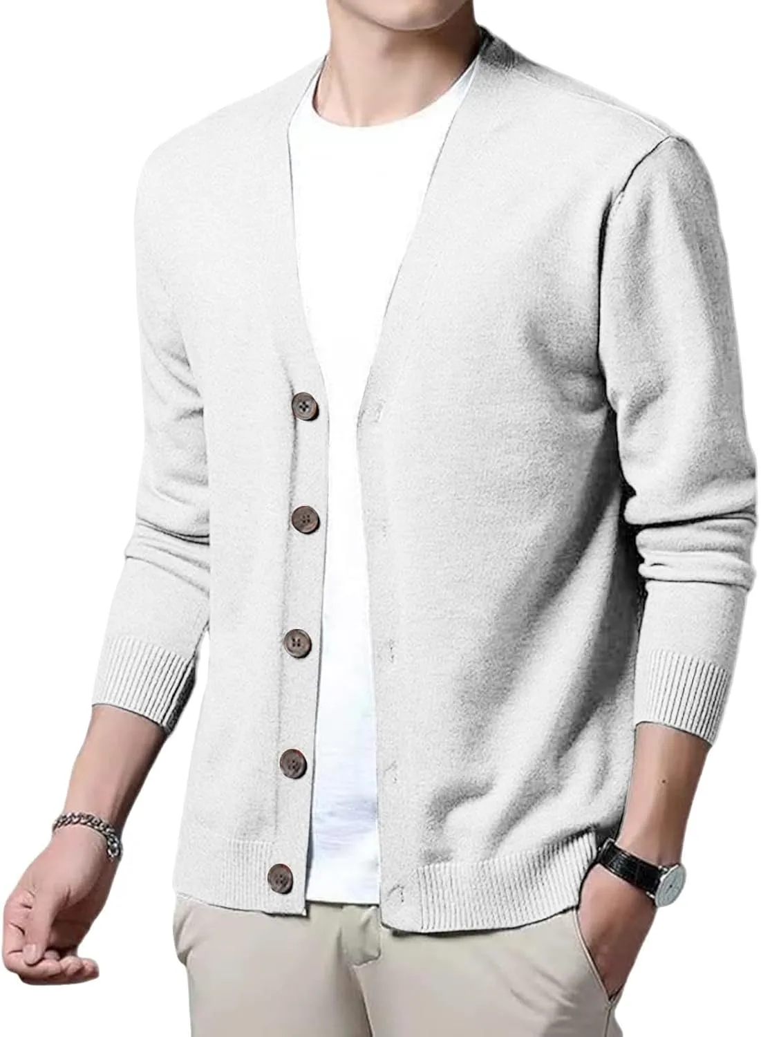 Men's Cardigan Sweater Cable Knitted Shawl Collar Cashmere Sweater for Men V Neck Long-Sleeve Button Slim Fit Sweater