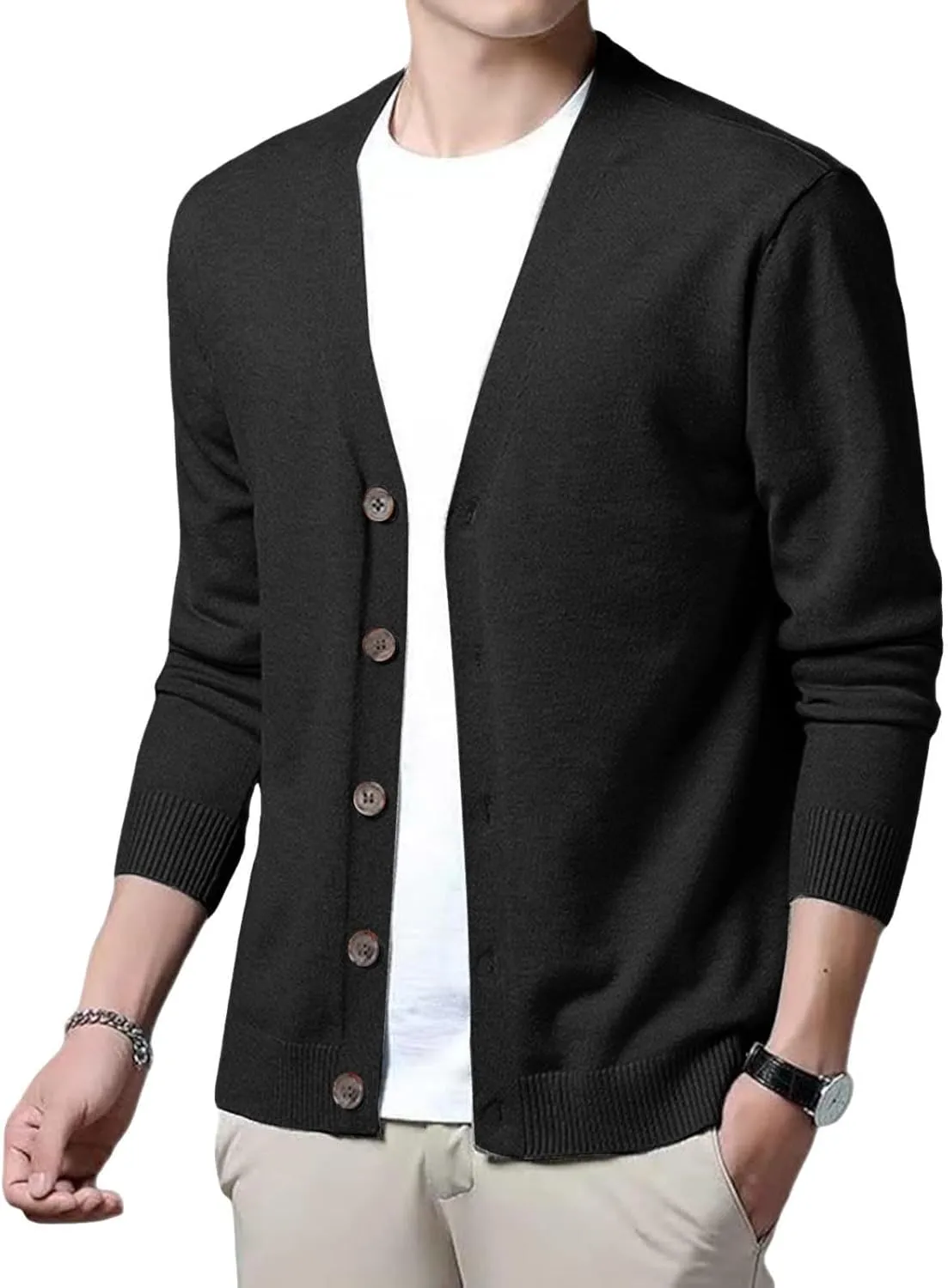 Men's Cardigan Sweater Cable Knitted Shawl Collar Cashmere Sweater for Men V Neck Long-Sleeve Button Slim Fit Sweater